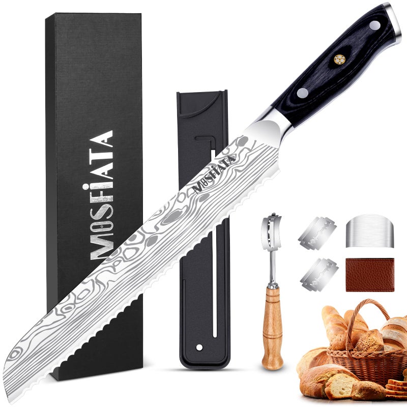 MOSFiATA Bread Knife 8â€ Ultra Sharp Serrated Knife, German High Carbon Stainless Steel EN1.4116 Bread Slicer with Bread Lame, Micarta Handle, For Bread, Cake, Bagels - Image 1